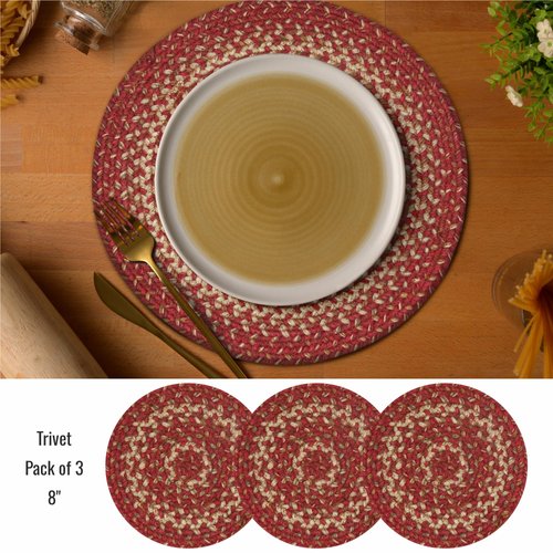 Homespice Apple Pie Jute Braided Trivets for Table, Warm Country Decor, Set of 3, Red 8" Round Heat Resistant Mats - Rich Colors, Easy to Clean, Durable and Protects Furniture