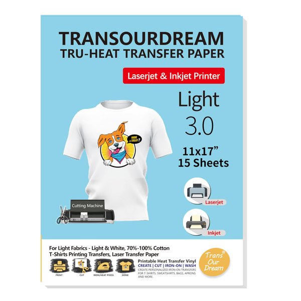 TransOurDream Iron on Heat Transfer Paper for White Light T Shirts (15 Sheets, 11x17", Light 3.0) Printable HTV Heat Transfer Vinyl for Laserjet & Inkjet Printers