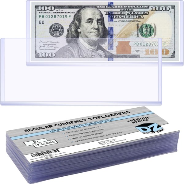 Display Zone Regular Dollar Bill Currency Topload Holders, Protective Money Sleeves, Crystal Clear, 20-Count