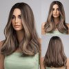 Qihang Ombre Brown Wigs for Women Highlight Middle Part Long Wavy Wig Shoulder Length Natural Synthetic Wigs Mixed Brown Ombre Wig for Daily Party Use