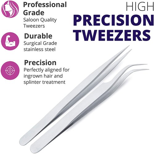 SIVOTE Eyelash Tweezers, 2-Pack, Hand Calibrated Straight and Curved Tips, Stainless Steel Lash Tweezers for Eyelash Extensions, Matte Silver