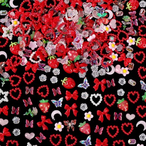 COOSLIM 120 Pieces 3D Resin Strawberries Butterfly Flower Nail Charms Rose Flower Peach Bow Cherry Rhinestones Heart Pearls for DIY Nail Art Decoration Making Craft (Red)