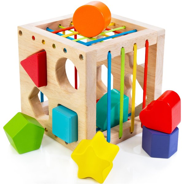 AMAWOOD Montessori Toy for 1 Year Old, Shape Sorter for Toddlers 1-3, Wooden Shape Sorting Cube with 8 Rattling Blocks Baby Toys 12-18 Months, Educational Learning Toy, Best Gift for 1+ Boy Girl