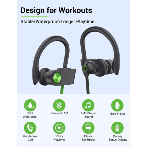 Stiive Bluetooth Headphones, 5.3 Wireless Sports Earbuds IPX7 Waterproof with Mic, Stereo Sweatproof in-Ear Earphones, Noise Cancelling Headsets for Gym Running Workout, 16 Hours Playtime - GreenBlack