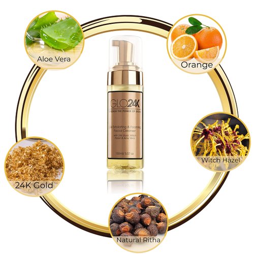 GLO24K Exfoliating & Foaming Facial Cleanser with 24k Gold, Witch Hazel, and Aloe Vera