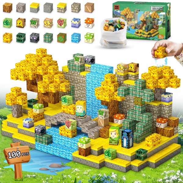 IILLDD Magnetic Blocks Toys, 100PCS Magnetic Building Blocks Toys Based on Classic Games, STEM Magnets Sensory Toys for Kids, Magnetic Building Blocks Suitable for Boys Girls 3+ (Yellow)