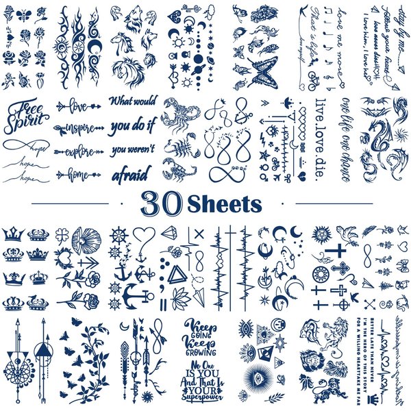 Metuu 30 Sheets Semi-Permanent Tattoos Waterproof Last 1-2 Weeks，Positive Words Flower Crown Butterfly Tiny Fake Temporary Tattoo Stickers For Women Men Girls