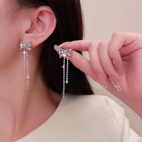 Sttiafay Vintage Bow tennis chain Drop Earrings Long Crystal Chain Earrings Silver Bow Cz Tassel Earrings Sparkly Cz Bowknot Stud Earrings Jewelry for Women and Girls