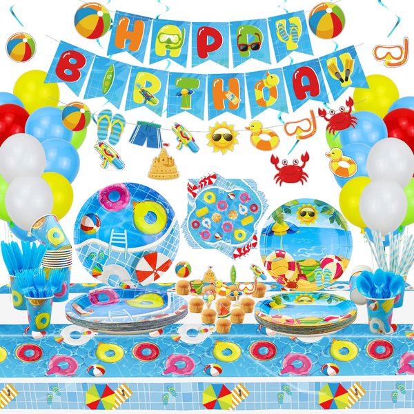 Beach Ball Birthday Party Supplies - Pool Party Decorations Set Includes HAPPY BIRTHDAY Banner, Hanging Swirl, Plates, Cups, Napkins, Tableware, Tablecloth, Balloons - Serves 20