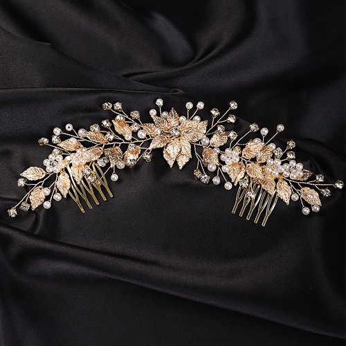 YERTTER Bridal Long Floral Crystal Leaf Bridal Hair Comb Clip Pearl Wedding Hair Accessories for Bride Bridesmaid Flower Girls (Gold)