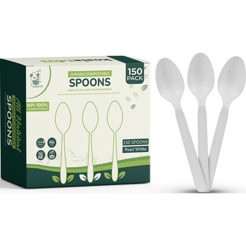 KOALALOVE-spoons-150pc.100% Compostable Spoon - (7 in.) Bulk Size Eco Friendly Durable and Heat Resistant Alternative to Plastic Forks with Convenient Tray.