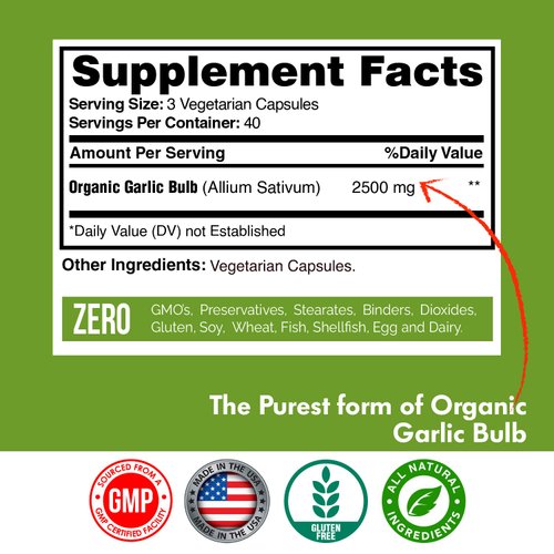 Happi Mi Nutrition Organic Garlic Capsules 2500mg, California US Grown, Immune Support, Healthy Cholesterols and Heart, Cardiovascular, Extra Strength