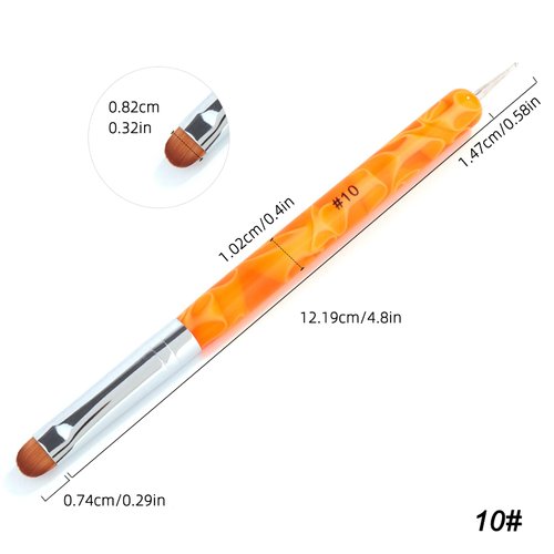 French Manicure Brush -Two Way Nail Art Brush with Dotting Manicure Tool for Manicure Cuticle Clean Up Nail Art Design- Professional Nail Salon Quality Brush, Nail Dotting Pen (10#, Orange)