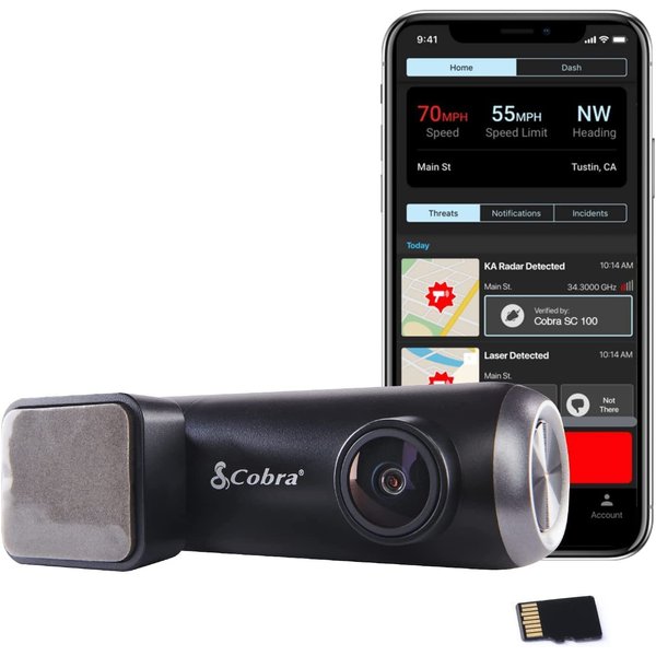 Cobra Smart Dash Cam (SC 100) - Full HD 1080P Resolution, Built-in WiFi & GPS, 140 Degree View, Live Police Alerts, Incident Reports, Emergency Mayday, Drive Smarter App, 8GB SD Card Incl., black