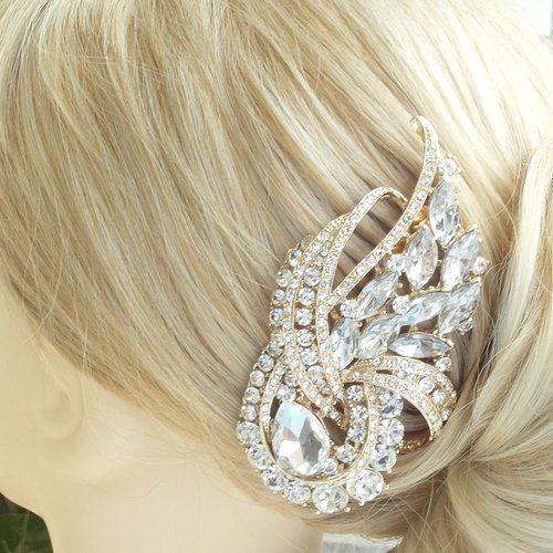 Sindary Wedding Headpiece 3.74" Bridal Hair Comb Austrian Crystal HZ4243 (Gold-Tone Clear)