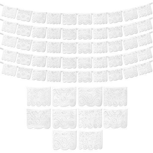 White Papel Picado Banner (5 Pack - 10 Plastic Flags per Banner) - White Mexican Banners for Parties and Weddings - Mexican Themed Party Decorations - Papel Picado Mexicano para Decoraciones