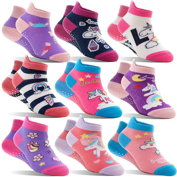 Welwoos Baby Girls Toddlers Grips Socks Kids Non Slip Anti Skid Ankle Unicorn Gift Cotton No Show Socks with Grippers 9 Pairs (Rainbow Unicorn, 3-5 Y)