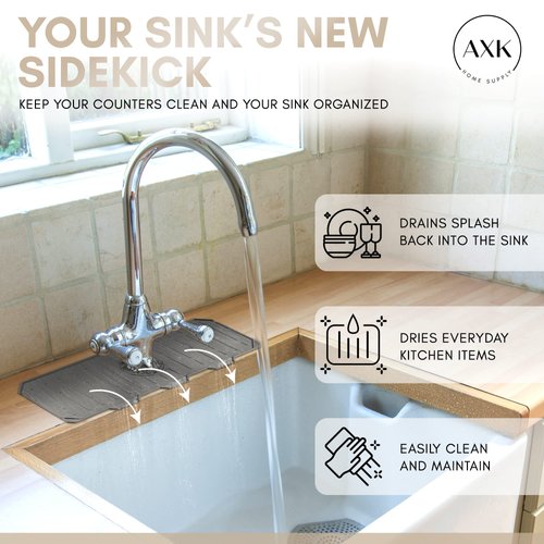 AXK Home Supply Silicone Sink Faucet Mat Splash Protector, Splash Guard, Perfect For Narrow Faucets,Protects Counter From Standing Water-Washable-Kitchen-Bathroom-RV-Laundry-Office(Gray)