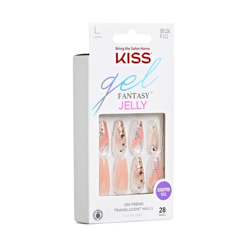 KISS Jelly Fantasy Press On Nails, Nail glue included, 'Jelly Cat', Multicolor, Long Size, Coffin Shape, Includes 28 Nails, 2g glue, 1 Manicure Stick, 1 Mini File