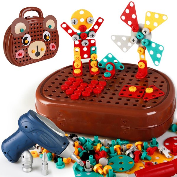 Magic Play Toolbox Drill,Magic Play Toolbox Bear,Little Brown Bear Repair Tool Box Toy,Creative Tool Box Set with Electric Drill for Kids Ages 3-12 Years Old
