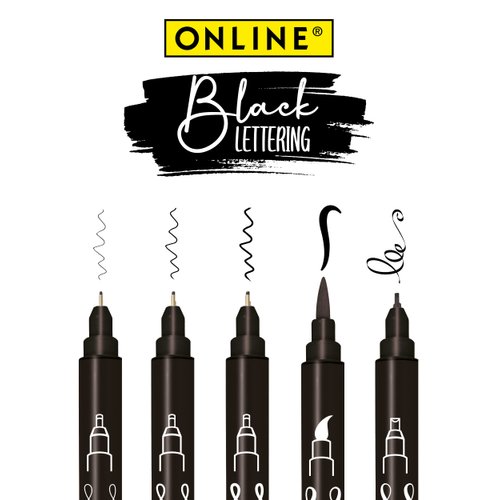 Online Black Lettering Set | 5 black fineliner pens | made in Austria | assorted point sizes includes brush pen, fine liner tips, and calligraphy tip | ink pens for bullet journal, writing, drawing