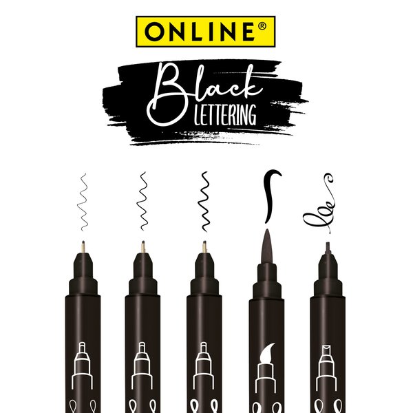 Online Black Lettering Set | 5 black fineliner pens | made in Austria | assorted point sizes includes brush pen, fine liner tips, and calligraphy tip | ink pens for bullet journal, writing, drawing