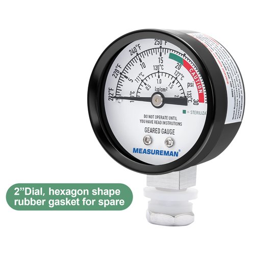 MEASUREMAN Black Steel Pressure Cooker Gauge, Pressure Canner Gauge, Steam Pressure Gauge, 2" Dial, Lower Mount, Including Hexagon Gasket and Nut