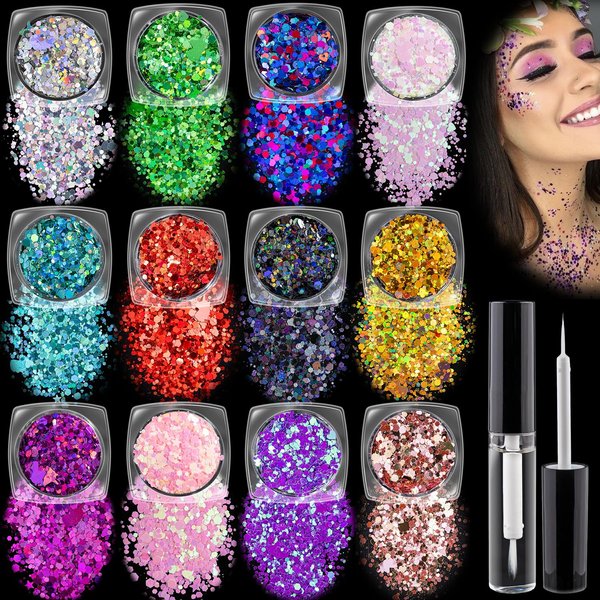 Holographic Chunky Glitter Silver Purplish Blue Colors Series Cosmetic Body Hair Face Eye Nail for Festival Carnival Concert Beauty Rave Accessories Different Shapes + Quick Dry Primer Glue