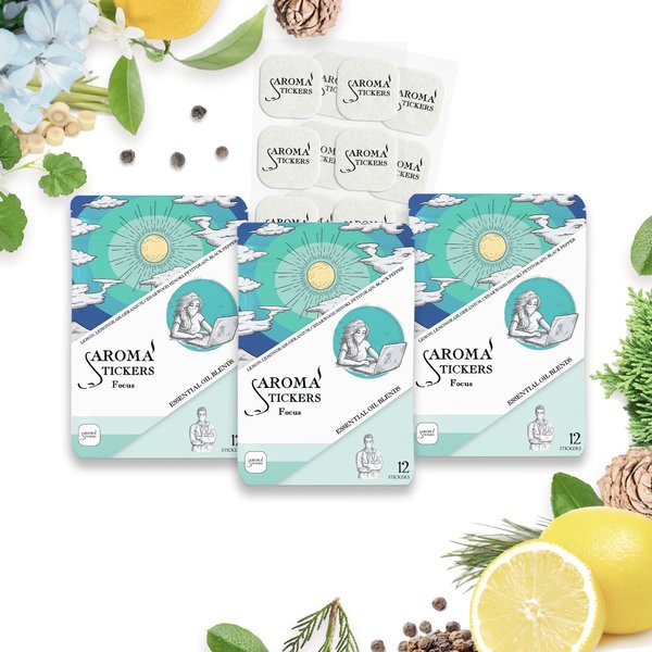 AROMA STICKERS® Original Blend FOCUS - 100% Natural Essential Oil Scented Sticker Diffuser - Aromatherapy for Personal Space - Face Mask & Pillow - (Pack of 3, 36 Stickers Total)