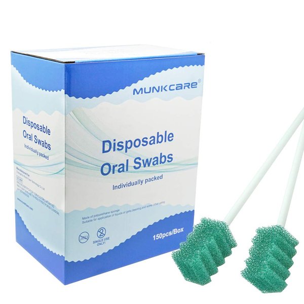 MUNKCARE Disposable Dentifrice Treated Oral Care Sponge Swabs, Individual Wrapped 150 Counts (Dark Green)