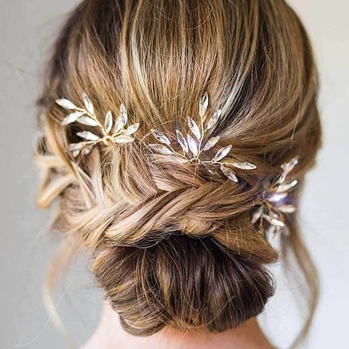 Foryysa Bridal Wedding Hair Pins for Women Gold Rhinestone Flower Headpiece Elegant Handmade Vine Headwear Sparkly Wheat Design (3 pcs)