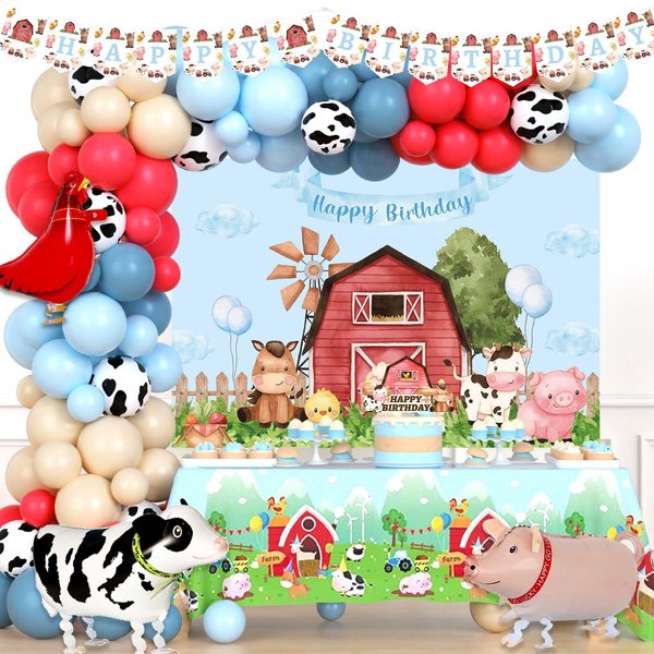 Party Inspo Farm Party Decorations for Boy, Blue Red Apricot Farm Animal Themed Birthday Party Decorations, Backdrop Balloon Garland Banner Tablecloth Cake Topper Cow Pig Rooster