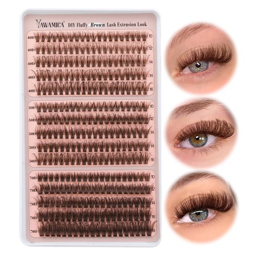 Yawamica Brown Lash Clusters Fluffy Eyelash Extension 10-16mm Individual Lashes D Curl Eyelash Clusters 40D+50D+70D Volume 300pcs Cluster Lashes Pestañas Pelo a Pelo DIY Lash Extension at Home