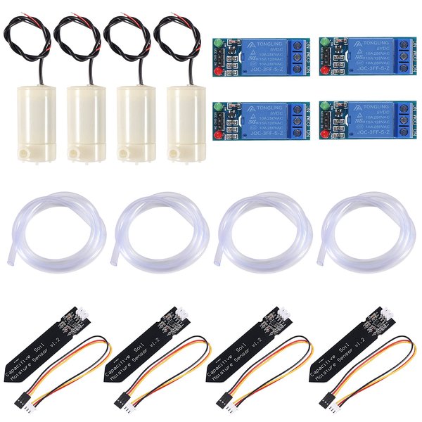 ALMOCN Automatic Irrigation DIY Kit, 4Pcs Capacitive Soil Moisture Sensor+4Pcs 1Channel 5V Relay Module + 4Pcs Water Pump + 4Pcs 1M Vinyl Tubing for Arduino Moisture Detection Garden Watering