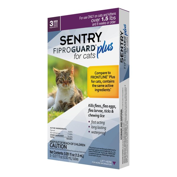SENTRY Fiproguard Plus for Cats, Flea and Tick Prevention for Cats (1.5 Pounds and Over), Includes 3 Month Supply of Topical Flea Treatments