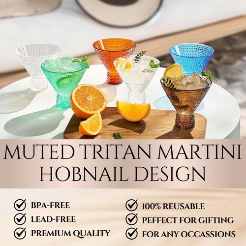 Classic Reusable Plastic Martini Drinking Glasses, Hobnail Design, Shatterproof | 6 Set | Color, Tritan, Acrylic Unbreakable Beaded Cups, Dishwasher Safe 9oz, Kitchen Cups, BPA-free, Indoor, Outdoor