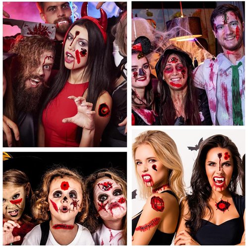 Halloween Scar Temporary Tattoos - 30 Sheets Realistic Fake Bloody Wound Scab Horror Body Face Decals - Halloween Cosplay Vampire Makeup Party Decorations Party Supplies
