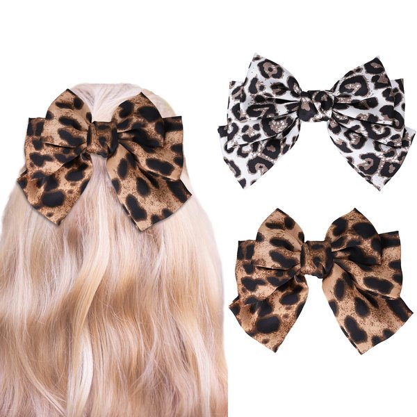 Whaline Set of 2 Leopard Hair Bow Clips Hand-Made Big Leopard Print Hair Bows Hair Barrettes Leopard Bowknot Hairpin Leopard Metal Clips Hair Accessory for Women(Dark Leopard & Light Leopard)