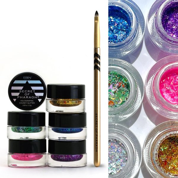 Secret of Pharaoh Holographic Chunky Glitter Gel Set with Brush | Perfect for Hair, Body, and Face Makeup, Vibrant Colores, Festival and Party Makeup - Versatile and Long-Lasting Shimmering Effect