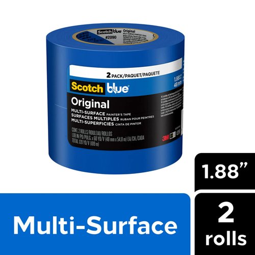 ScotchBlue Original Multi-Surface Painter's Tape, 1.88 Inches x 60 Yards, 2 Rolls, Blue, Paint Tape Protects Surfaces and Removes Easily, Multi-Surface Painting Tape for Indoor and Outdoor Use