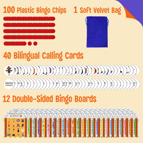 Halloween Bingo Game, 12PCS Bilingual English and Spanish Bingo Board Game, 12 Players Bingo Game Set for Teenager or Adults Halloween Party, Fun Interesting Activity Party Supplies