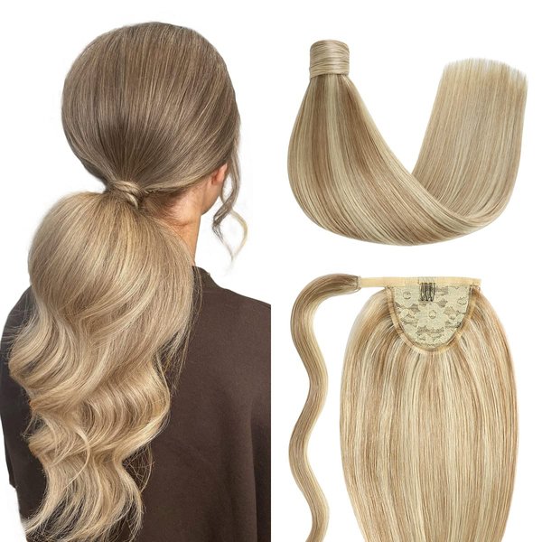 SUYYA Ponytail Human Hair Wrap Around Clip in Hair Piece Ponytail Extension Human Hair Straight Human Hair Ponytail with Magic Paste 70G 14 Inch #P18/613 Ash Blonde/Bleach Blonde