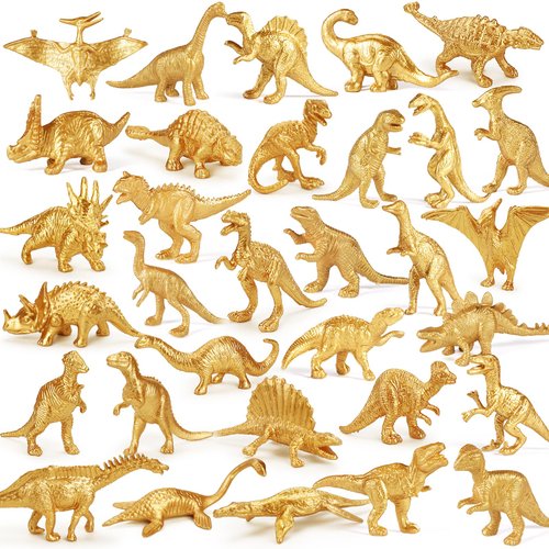 Gold Plastic Mini Dinosaur Figures Toys 48PCS Party Favors Supplies Birthday Dino Cupcake Toppers Kids Classroom Prizes Box Toddler Halloween Boy Girl Goodie Bags Stuffers Pinata Filler Treasure Chest