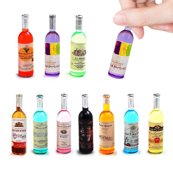 10Pcs 1:12 Scale Mini Miniature Bottles Wine Bottles miniverse Make it Mini Food Mini House Drink Accessories Dollhouse Decoration (10pcs Non-Repeating)