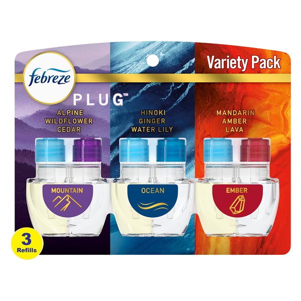 Febreze Odor-Fighting Fade Defy PLUG Air Freshener, Mountain, Ocean, Amber, (3) .87 fl. oz. Oil Refills