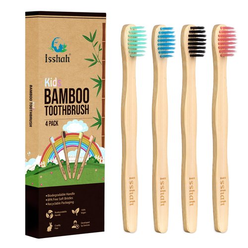 Isshah Kids Bamboo Toothbrushes Biodegradable Handle BPA Free Eco Friendly Children Size, Pack of 4