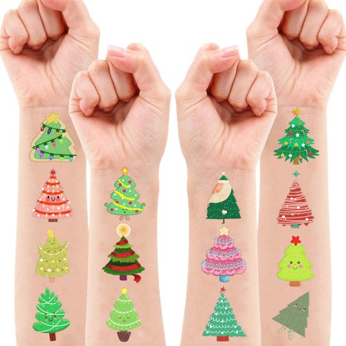 105 PCS Christmas Tree Temporary Tattoos Birthday Party Decorations Supplies Favors Mini Green Merry Xmas Tree Cute Decor Tattoo Stickers Gifts for Game Boys Girls Classroom School Prizes Reward