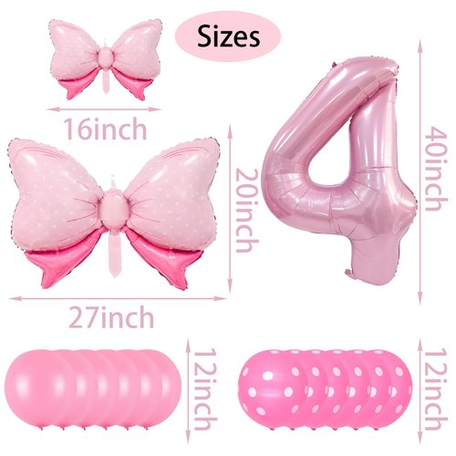 Pink Birthday Balloons Pink Bow Balloons 40 Inch Number Balloons Set for Pink Birthday Decorations 4 Year Old Girl Birthday Party Decoration Balloon Aluminum Film Balloon
