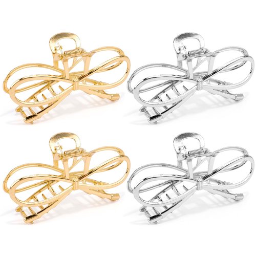 Vovii 4Pcs Metal Bow Hair Claw Clips for Women, Hair Claw Clips with Bows for Thin Thick Hair, Bow Shaped Claw Clip Cute Claw Clips for Women Hair Accessories (Gold, Sliver)