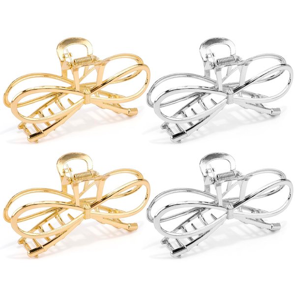 Vovii 4Pcs Metal Bow Hair Claw Clips for Women, Hair Claw Clips with Bows for Thin Thick Hair, Bow Shaped Claw Clip Cute Claw Clips for Women Hair Accessories (Gold, Sliver)